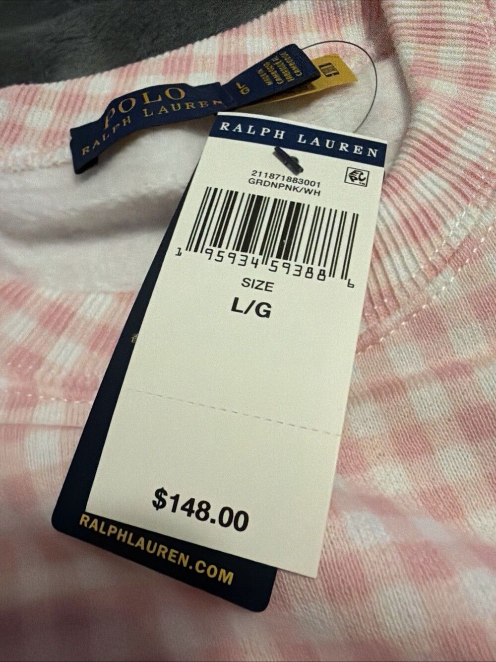 LARGE Polo Ralph Lauren Gingham Fleece Sweatshirt Pink White - Picture 12 of 13